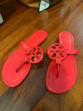 Tory Burch Red Patent Leather Logo Thong Sandals
